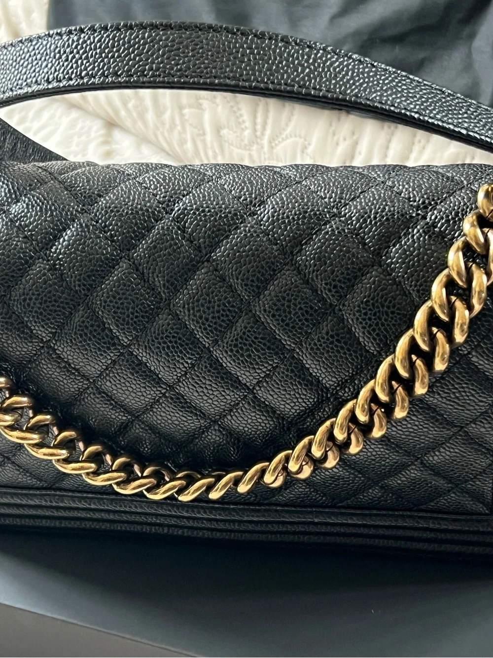 CHANEL Black Quilted Boy Bag with Gold-Tone Hardware